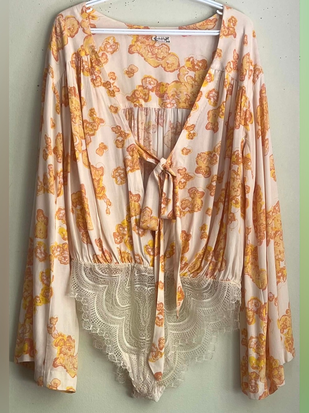Free People Cream Floral Lace-Trim Bodysuit - Yellow & Orange Print